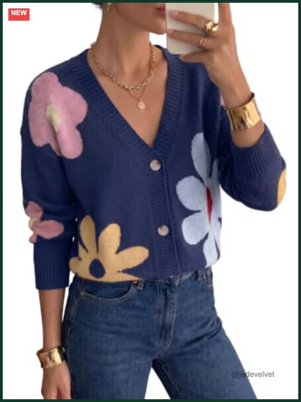 Women's Long Sleeve Floral Knit Cardigan Sweater V-Neck Button Down